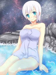 Rule 34 | 1girl, bathing, blue eyes, breasts, fairy tail, highres, lisanna strauss, onsen, solo, towel
