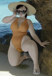 Rule 34 | 1girl, beach, breasts, cleavage, hat, large breasts, mature female, munio world, outdoors, peeing, peeing self, plump, sandals, solo, sunglasses, swimsuit, tagme, thighs, uncensored