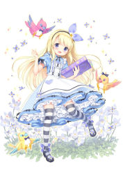 Rule 34 | 1girl, :d, absurdres, animal, apron, bird, black bow, black bowtie, black footwear, black hairband, blonde hair, blue dress, blue eyes, blue flower, blush, book, bow, bowtie, commentary request, dress, flower, flower knight girl, frilled apron, frills, full body, hairband, hand up, highres, hinasou (flower knight girl), holding, holding book, kimishima ao, long hair, open mouth, petticoat, polka dot, puffy short sleeves, puffy sleeves, revision, shoe flower, shoes, short sleeves, smile, solo, sparkle, standing, standing on one leg, strappy heels, striped clothes, striped thighhighs, thighhighs, very long hair, watermark, white apron, white background