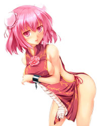 Rule 34 | 1girl, bandages, bent over, breasts, bun cover, cuffs, double bun, flower, hair bun, ibaraki kasen, large breasts, looking at viewer, naked tabard, open mouth, pink eyes, pink flower, pink hair, pink rose, revealing clothes, rose, shackles, sideboob, simple background, solo, tabard, tohoho (hoshinoyami), touhou, white background