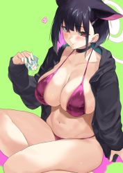 Rule 34 | 1girl, animal ears, bikini, black choker, black hair, black jacket, blue archive, blush, breasts, choker, cleavage, closed mouth, collarbone, colored inner hair, eating, gokkun, green background, hair ornament, hairclip, halo, jacket, kazusa (blue archive), large breasts, long sleeves, mm (yoromu), multicolored hair, navel, open clothes, open jacket, pink bikini, pink hair, red eyes, short hair, simple background, smile, solo, suggestive fluid, swimsuit, two-tone hair