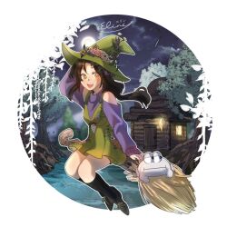 Rule 34 | 1girl, adapted costume, animal, broom, broom riding, brown hair, cabin, cloud, commentary, detached sleeves, dress, elineyuhu, empires smp, english commentary, floral print, flower, frog, full moon, green dress, green hat, hat, hat flower, long hair, long sidelocks, minecraft youtube, moon, outdoors, print dress, purple sweater, shoes, shubble, shubble (great witch), sitting, sky, sleeveless, sleeveless turtleneck, socks, solo, sweater, torch, tree, turtleneck, turtleneck sweater, witch, witch hat, yellow eyes