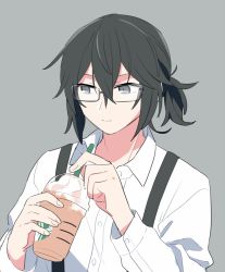 Rule 34 | 1boy, black eyes, black hair, closed mouth, cup, frappuccino, glasses, grey background, holding, holding cup, kashii kaoru, kisaragi ren (mahjong soul), long sleeves, mahjong soul, male focus, short hair, short ponytail, simple background, sketch, solo, starbucks, suspenders
