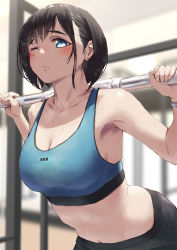 Rule 34 | 1girl, bare shoulders, black hair, black pants, blue eyes, blue sports bra, blurry, blurry background, blush, breasts, cleavage, closed mouth, collarbone, depth of field, ear piercing, exercising, indoors, jonsun, large breasts, midriff, mole, mole under eye, navel, one eye closed, original, pants, piercing, short hair, sleeveless, solo, sports bra, sweat, weightlifting