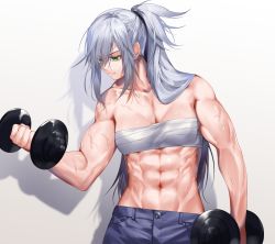 Rule 34 | 1girl, abs, bare shoulders, biceps, blue pants, breasts, chest sarashi, cleavage, closed mouth, collarbone, commentary request, cowboy shot, dodome ichika, drop shadow, dumbbell, exercising, eyes visible through hair, green eyes, groin, hair between eyes, heterochromia, holding, long hair, looking to the side, messy hair, muscular, muscular female, navel, original, pants, sarashi, shadow, sidelocks, silver hair, simple background, small breasts, solo, standing, stomach, thick arms, veins, veiny arms, waka (shark waka), weightlifting, white background, yellow eyes