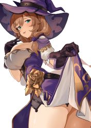 Rule 34 | 1girl, ass, belt, black belt, black gloves, blue eyes, blush, breasts, brown hair, capelet, clothes lift, commentary, dress, dress lift, flower, from below, from side, genshin impact, gloves, golden rose, greentanuki, hat, hat belt, highres, large breasts, lifted by self, lisa (genshin impact), long hair, looking at viewer, low tied hair, multicolored clothes, multicolored dress, open mouth, purple capelet, purple flower, purple hat, purple rose, rose, smile, solo, thighs, white background, witch hat