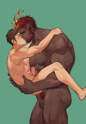 Rule 34 | 2boys, abs, anal, baimeme, bandaid, bandaid on face, bandaid on nose, bara, beard, black hair, blouse, blush, carrying, carrying person, closed eyes, dark-skinned male, dark skin, erection, eyebrow cut, facial hair, flaming eye, from side, hephaestus (housamo), highres, interracial, kiss, large pectorals, male focus, male penetrated, male pubic hair, mature male, multiple boys, muscular, muscular male, naked shirt, nipples, nude, pectorals, penis, protagonist 1 (housamo), protagonist 3 (housamo), pubic hair, red hair, scar, scar on chest, sex, shirt, short hair, sideburns, tokyo houkago summoners, uncensored, undercut, white shirt, yaoi