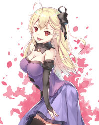 Rule 34 | 1girl, absurdres, arms at sides, bare shoulders, black collar, black ribbon, black sleeves, black thighhighs, blonde hair, breasts, carmilla vanstein, cleavage, collar, corset, cowboy shot, detached collar, detached sleeves, earrings, female focus, from side, hair ribbon, hataage! kemono michi, highres, jewelry, large breasts, leaning forward, looking at viewer, nail polish, open mouth, pale skin, pointy ears, ponytail, purple corset, purple skirt, red background, red eyes, red nails, ribbon, side ponytail, simple background, skirt, solo, teeth, thighhighs, two-tone background, vampire, white background