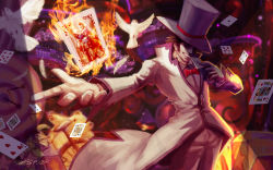 Rule 34 | 1boy, arrow (projectile), card, fire, gloves, graves (league of legends), hat, highres, jack-in-the-box, jack-in-the-box, league of legends, magic trick, magician, male focus, playing card, solo, top hat, twisted fate, xiaoguimist