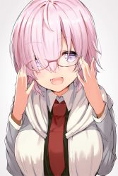 Rule 34 | 1girl, :d, adjusting eyewear, ahoge, blush, breasts, brown-framed eyewear, commentary request, eyes visible through hair, fate/grand order, fate (series), glasses, grey background, grey jacket, hair over one eye, haruken, jacket, long sleeves, looking at viewer, mash kyrielight, medium breasts, necktie, open clothes, open jacket, open mouth, pink eyes, pink hair, red necktie, short hair, simple background, smile, solo, tareme, upper body, wing collar