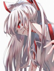 Rule 34 | 1girl, bleeding, blood, blood from mouth, blood on face, bow, collared shirt, commentary, fujiwara no mokou, hat, hat bow, highres, leaning forward, long hair, open mouth, profile, red eyes, shirt, short sleeves, sidelocks, solo, suspenders, torn sleeve, touhou, tsune (tune), upper body, white background, white bow, white shirt