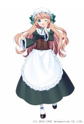 Rule 34 | 1girl, :d, apron, black footwear, blush, brown hair, dress, full body, gothic wa mahou otome, green dress, green eyes, green ribbon, hair ribbon, hand on own cheek, hand on own face, hat, highres, jenevan, long dress, long hair, long sleeves, maid, maid apron, maid cap, mob cap, official art, one eye closed, open mouth, ribbon, shoes, simple background, smile, socks, solo, underbust, watermark, white background, white socks