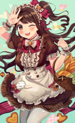 Rule 34 | 1girl, ;d, apron, arm up, baguette, basket, blush, bow, bowtie, bread, breasts, brown dress, brown eyes, brown hair, cookie, cowboy shot, dress, food, frilled dress, frills, green background, hair ribbon, hand up, headdress, heart, highres, holding, holding basket, idolmaster, idolmaster cinderella girls, idolmaster cinderella girls starlight stage, long hair, looking at viewer, medium breasts, one eye closed, one side up, open mouth, puffy short sleeves, puffy sleeves, red bow, red bowtie, red ribbon, ribbon, scrunchie, shimamura uzuki, short sleeves, smile, solo, teeth, thighhighs, upper teeth only, waist apron, wenquangua, white apron, white thighhighs