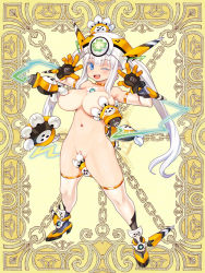 Rule 34 | 1girl, aqua eyes, arm strap, breasts, covering privates, covering crotch, covering nipples, full body, gloves, kerberos blade, large breasts, looking at viewer, navel, non-web source, open mouth, revealing clothes, ryoji (nomura ryouji), solo, thighhighs, wings, yellow background