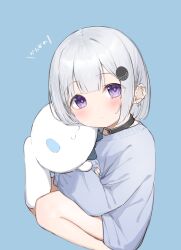 Rule 34 | 1girl, absurdres, bare legs, black collar, blue background, blush, closed mouth, collar, commentary request, ear piercing, feet out of frame, grey hair, grey shirt, hair ornament, highres, looking at viewer, hugging object, original, piercing, purple eyes, shirt, simple background, solo, squatting, stuffed animal, stuffed rabbit, stuffed toy, translation request, tsukiman