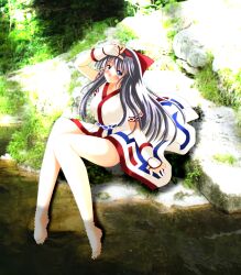 Rule 34 | 1girl, ainu clothes, arm up, blue eyes, breasts, feet, fingerless gloves, gloves, grey hair, hair ribbon, highres, large breasts, legs, long hair, nakoruru, ribbon, samurai spirits, sitting, smile, snk, solo, the king of fighters, thighs, water