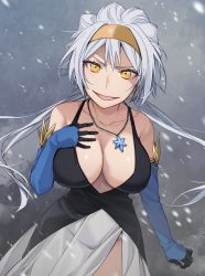 Rule 34 | 1girl, absurdres, black and white dress, black thighhighs, blue gloves, breasts, cleavage, gloves, highres, jewelry, large breasts, long glove, long hair, necklace, ribbon, shiny skin, smile, snow, solo, tensei shitara slime datta ken, thighhighs, thighs, velzard, white hair, yellow eyes, yellow ribbon
