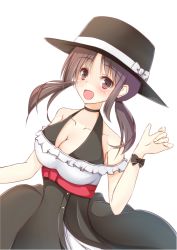 Rule 34 | 10s, 1girl, bare shoulders, breasts, brown eyes, brown hair, casual, choker, cleavage, halterneck, hat, large breasts, okita sawa, open mouth, shirotaso0818, smile, solo, tari tari, white background, wristband
