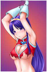 Rule 34 | 1girl, arms up, asamiya athena, bdsm, bondage, bound, breasts, cuffs, gloves, handcuffs, lowres, nipples, snk, solo, the king of fighters, the king of fighters 2003, torn clothes, underboob