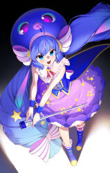Rule 34 | 1girl, ahoge, blue eyes, blue footwear, blue hair, blush, boots, bow, capelet, center frills, clover brooch, coattails, commentary request, eel hat, fang, flat chest, floating hair, footwear bow, foreshortening, frilled skirt, frills, from above, fujishiro kuma, full body, hair bow, hair ornament, highres, holding, holding microphone, knee boots, long hair, looking at viewer, looking up, low twintails, microphone, multicolored hair, musical note, musical note print, open mouth, otomachi una, otomachi una (sugar), pink hair, pink nails, print skirt, purple skirt, shadow, shirt, skin fang, skirt, sleeveless, sleeveless shirt, smile, solo, standing, star (symbol), star hair ornament, star print, streaked hair, twintails, underbust, v-shaped eyebrows, very long hair, vocaloid, white capelet, white shirt, wrist cuffs