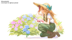 Rule 34 | 1girl, absurdres, blonde hair, blue flower, boots, bow, brown footwear, commentary, commission, english commentary, flower, gloves, green overalls, hat, hat bow, highres, hydrangea, maplesights, nijisanji, nijisanji en, open mouth, pink gloves, pointy ears, pomu rainpuff, purple flower, red eyes, smile, solo, straw hat, sun hat, virtual youtuber