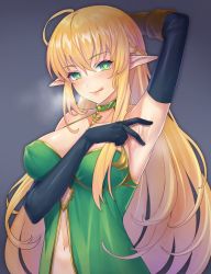 Rule 34 | 1girl, arm behind head, arm up, armpits, bad id, bad twitter id, black gloves, blonde hair, breasts, choker, closed mouth, elbow gloves, elf, gloves, green eyes, large breasts, licking lips, lips, long hair, looking at viewer, naughty face, navel, original, pantsu majirou, pointy ears, presenting armpit, smile, solo, spread armpit, tongue, tongue out, upper body, very long hair