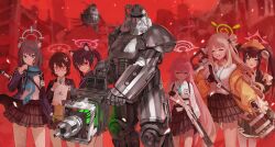 Rule 34 | 1boy, 6+girls, absurdres, animal ears, armor, ayane (blue archive), blue archive, cat ears, courier (fallout new vegas), ed-e, energy weapon, fallout (series), fallout: new vegas, fuuka (blue archive), gatling gun, gun, gun on back, halo, highres, horns, hoshino (blue archive), ladle, looking at viewer, malko sonbadak saseum, minigun, multiple girls, nonomi (blue archive), power armor, red background, robot, ruins, school uniform, serika (blue archive), shiroko (blue archive), shotgun, weapon, weapon on back, wolf ears