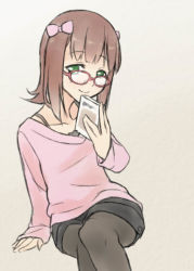Rule 34 | 1girl, amami haruka, bad id, bad pixiv id, bespectacled, black pantyhose, book, bow, bra, brown hair, crossed legs, glasses, green eyes, hair bow, idolmaster, idolmaster (classic), lingerie, looking at viewer, one eye closed, pantyhose, pantyhose under shorts, shorts, simple background, sitting, smile, solo, sweater, tkhs, underwear, wink