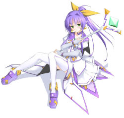 Rule 34 | 1girl, angelan, artist request, blush, green eyes, long hair, purple hair, sitting, skirt, solo, staff (weapon), tagme, thighhighs, virtual on, white background