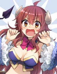 Rule 34 | 1girl, blue sleeves, blush, bow, bowtie, breasts, brown eyes, brown hair, cleavage, curled horns, demon girl, demon horns, demon tail, detached sleeves, grey background, hair between eyes, hands up, highres, horns, long hair, long sleeves, looking at viewer, machikado mazoku, medium breasts, open mouth, red bow, red bowtie, red hair, solo, somechime (sometime1209), tail, tears, two-tone background, upper body, v-shaped eyebrows, very long hair, wavy hair, white background, wide sleeves, yoshida yuuko (machikado mazoku)
