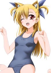 Rule 34 | 00s, 1girl, ;d, animal ears, blonde hair, blush, cameltoe, cat ears, collarbone, fang, hair ribbon, long hair, lyrical nanoha, mahou shoujo lyrical nanoha, mahou shoujo lyrical nanoha strikers, moeki yuuta, one-piece swimsuit, one eye closed, open mouth, paw pose, red eyes, ribbon, school swimsuit, short twintails, simple background, sitting, smile, solo, swimsuit, twintails, two side up, vivio, wariza, wink, yujin-yujin