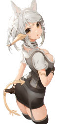 Rule 34 | 1girl, akizone, animal ears, ass, au ra, warrior of light (ff14), black skirt, black thighhighs, breasts, brown eyes, cat ears, cheeze (akizone), cleavage, cropped legs, dragon horns, dragon tail, final fantasy, final fantasy xiv, fingerless gloves, from behind, gloves, hair ribbon, highres, horns, looking at viewer, looking back, medium breasts, miniskirt, open mouth, pencil skirt, pointy ears, ribbon, scales, short sleeves, simple background, skirt, solo, standing, tail, thighhighs, tight skirt, tress ribbon, white background, white hair