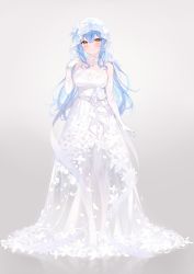 Rule 34 | 1girl, absurdres, blue hair, blush, bracelet, breasts, bridal veil, bride, cleavage, closed mouth, dress, elbow gloves, floral print, full body, gloves, hair between eyes, heiyan shenshi, highres, hololive, jewelry, large breasts, long dress, long hair, looking at viewer, revision, see-through, see-through cleavage, simple background, smile, solo, standing, veil, virtual youtuber, wedding dress, white background, white dress, white gloves, yellow eyes, yukihana lamy