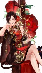 1girl ada_wong animal brown_eyes brown_hair cat china_dress chinese_clothes commentary_request crossed_legs dress floral_print_dress flower hand_fan high_collar highres holding holding_fan jewelry light_smile looking_at_viewer mofa_shuimu_jiang necklace pearl_necklace red_dress red_flower red_lips red_nails red_rose resident_evil rose short_hair sitting sleeveless sleeveless_dress solo