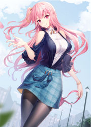 Rule 34 | 1girl, bag, bare shoulders, black jacket, black pantyhose, blue skirt, blue sky, blush, bow, braid, breasts, building, clothing cutout, cloud, collarbone, commentary request, covered collarbone, day, dress shirt, emily stock, floating hair, hair bow, handbag, head tilt, highres, holding, holding bag, jacket, lamppost, leaning to the side, long hair, long sleeves, medium breasts, one side up, original, outdoors, pantyhose, parted lips, petals, pink hair, plaid, plaid skirt, red eyes, ririko (zhuoyandesailaer), shirt, shoulder cutout, skirt, sky, sleeveless, sleeveless shirt, smile, solo, very long hair, white shirt, yellow bow