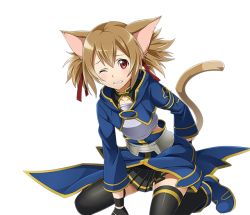 Rule 34 | 1girl, armor, black gloves, black skirt, black thighhighs, breastplate, brown hair, cat tail, clenched teeth, collarbone, gloves, hair between eyes, kneeling, long hair, looking at viewer, one eye closed, pleated skirt, red eyes, short twintails, silica, silica (sao-alo), skirt, solo, sword art online, tail, teeth, thighhighs, transparent background, twintails, zettai ryouiki