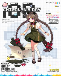 Rule 34 | 1girl, aged down, animal ear hairband, animal ears, animal sticker, bamboo shoot, battery indicator, black footwear, black shorts, bow, bowtie, box, braid, brown hair, carbine, cardboard box, character name, children&#039;s day, closed mouth, commentary, company name, copyright name, dress, english commentary, fake animal ears, full body, girls&#039; frontline, green dress, grid background, gun, gun on back, hair bow, hair ornament, hairband, hairclip, highres, kan (rainconan), long hair, looking at viewer, low twin braids, mary janes, mouse (animal), official alternate costume, official art, open box, panda, planet, purple eyes, red bow, red bowtie, rifle, safety scissors, scissors, scroll, scrunchie, second-party source, shirt, shoes, short sleeves, shorts, shorts under dress, sks, socks, solo, standing, star (symbol), twin braids, type 56 carbine (girls&#039; frontline), type 56 carbine (panda-eared seamstress) (girls&#039; frontline), very long hair, watch, weapon, weapon on back, white shirt, white socks, winding key, wrist scrunchie, wristwatch, yellow scrunchie