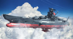 Rule 34 | blue sky, cannon, cloud, commentary, contrail, cosmo falcon, energy cannon, english commentary, english text, fleet, flying, highres, machinery, michaellee4, military, no humans, realistic, science fiction, signature, sky, spacecraft, starfighter, title, uchuu senkan yamato, uchuu senkan yamato 2199, yamato (uchuu senkan yamato)
