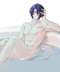 Rule 34 | 1boy, :|, abs, bare pectorals, bathing, bishounen, blue hair, closed mouth, collarbone, commentary request, completely nude, convenient censoring, dr. ratio (honkai: star rail), expressionless, eyeliner, hair between eyes, hand in own hair, hand on own knee, honkai: star rail, honkai (series), in water, kikizhouu, looking at viewer, makeup, male focus, muscular, muscular male, navel, nipples, nude, pectorals, red eyeliner, short hair, simple background, solo, wet, white background