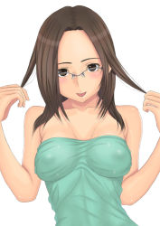 Rule 34 | 1girl, :p, bare shoulders, blush, breasts, brown eyes, brown hair, covered erect nipples, glasses, long hair, muffin (sirumeria), original, smile, solo, tongue, tongue out