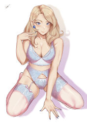 Rule 34 | 1girl, absurdres, blonde hair, blue eyes, blue nails, blue panties, blush, breasts, cleavage, closed mouth, commentary, deliciousbrain, earrings, fire emblem, fire emblem: three houses, fire emblem warriors: three hopes, garter belt, garter straps, highres, jewelry, large breasts, lingerie, looking at viewer, medium hair, mercedes von martritz, mole, mole on breast, nail polish, navel, nintendo, official alternate hairstyle, panties, seiza, sexually suggestive, simple background, sitting, smile, solo, thighhighs, underwear, white panties