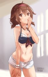 Rule 34 | 10s, 1girl, bikini, bikini top only, breasts, brown eyes, brown hair, cleavage, cowboy shot, coz (commit), dated, gradient background, hair between eyes, hairband, hand to own mouth, indoors, kantai collection, leaning forward, navel, open fly, red hairband, shiratsuyu (kancolle), short shorts, short twintails, shorts, sketch, smile, solo, swimsuit, twintails, twitter username, unzipped, wristband