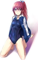 Rule 34 | 10s, 1girl, bad id, bad pixiv id, bare legs, blush, breasts, competition swimsuit, covered navel, free!, jacket, kneeling, long hair, matsuoka gou, navel, one-piece swimsuit, open clothes, ponytail, red eyes, red hair, simple background, smile, solo, swimsuit, tonee, track jacket