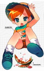Rule 34 | 1boy, aqua eyes, character name, child, claus (mother 3), food, fruit, grid background, hat, highres, looking at viewer, male focus, mother (game), mother 3, nintendo, orange hair, shirt, shoes, short hair, short shorts, shorts, socks, solo, striped clothes, striped shirt, sun hat, sweat, tab 888, watermelon, watermelon seeds