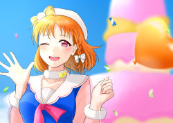 Rule 34 | 1girl, aqua eyes, artist name, artist request, balloon, blue eyes, blue shirt, blue sky, blush, bow, cloud, collarbone, female focus, hand wave, hat, looking at viewer, love live!, love live! school idol project, mini hat, nail, nail polish, one eye closed, orange hair, otyaponnko, pink nails, sailor collar, scrunchie, shirt, short hair, side ponytail, sky, smile, solo, striped, striped bow, takami chika, white bow, white scrunchie, yellow bow