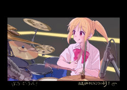 Rule 34 | 1girl, :d, :q, black background, black border, blonde hair, bocchi the rock!, border, bow, bowtie, cable, closed mouth, collared shirt, congratulations, copyright name, cymbals, drum, drum set, drumsticks, floating hair, flying sweatdrops, highres, holding, holding drumsticks, ijichi nijika, instrument, licking lips, long hair, looking to the side, microphone, motion blur, motion lines, music, open mouth, pink bow, pink bowtie, playing instrument, polka dot, polka dot bow, red bow, red eyes, school uniform, shirt, short sleeves, side ponytail, smile, solo, sweat, tareme, tongue, tongue out, upper body, white shirt, wing collar, yaegashi youhei