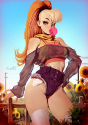 Rule 34 | 1girl, aleriia v, artist name, bare shoulders, blonde hair, blue eyes, blue shorts, blue sky, breasts, blowing bubbles, chewing gum, day, flower, grass, high-waist shorts, highres, humanization, lips, lola bunny, looking at viewer, looney tunes, multicolored hair, orange hair, outdoors, parted lips, pinup (style), ponytail, short shorts, shorts, sky, solo, standing, sunflower, tank top, thighhighs, white thighhighs