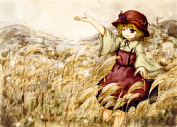 Rule 34 | 1girl, aki minoriko, bad id, bad pixiv id, blonde hair, food, fruit, grapes, hat, highres, leaf, misuriru (mithril), one eye closed, open mouth, outstretched arm, red eyes, short hair, smile, solo, touhou, traditional media, wheat, wheat field