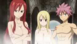 Rule 34 | 1boy, 2girls, abs, bathing, black eyes, blonde hair, breasts, convenient censoring, erza scarlet, fairy tail, hair censor, hair over breasts, large breasts, long hair, lucy heartfilia, mixed-sex bathing, multiple girls, muscular, natsu dragneel, nude, pink hair, red hair, screencap, shared bathing