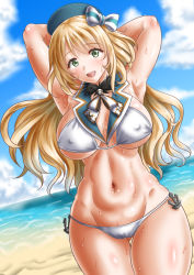Rule 34 | 10s, 1girl, :d, armpits, arms behind head, arms up, atago (kancolle), beach, bikini, blonde hair, blue sky, blush, breasts, cloud, cloudy sky, curvy, day, covered erect nipples, green eyes, hat, kantai collection, kasugano tobari, large breasts, long hair, looking at viewer, navel, ocean, open mouth, outdoors, sand, sky, smile, solo, standing, sweat, swimsuit, thick thighs, thighs, white bikini, wide hips